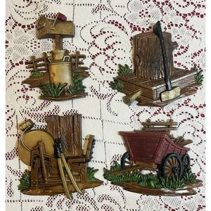 Vintage Sexton 1976 USA Hoda 4 pc Metal Wall Plaque Set Country Farm Scenes MCM